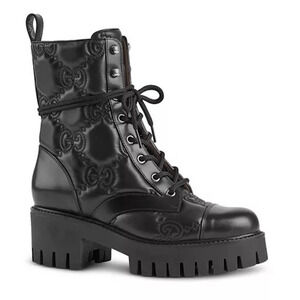 Gucci Women's GG Matelassé Leather Quilted Platform Combat Boots Black 39
